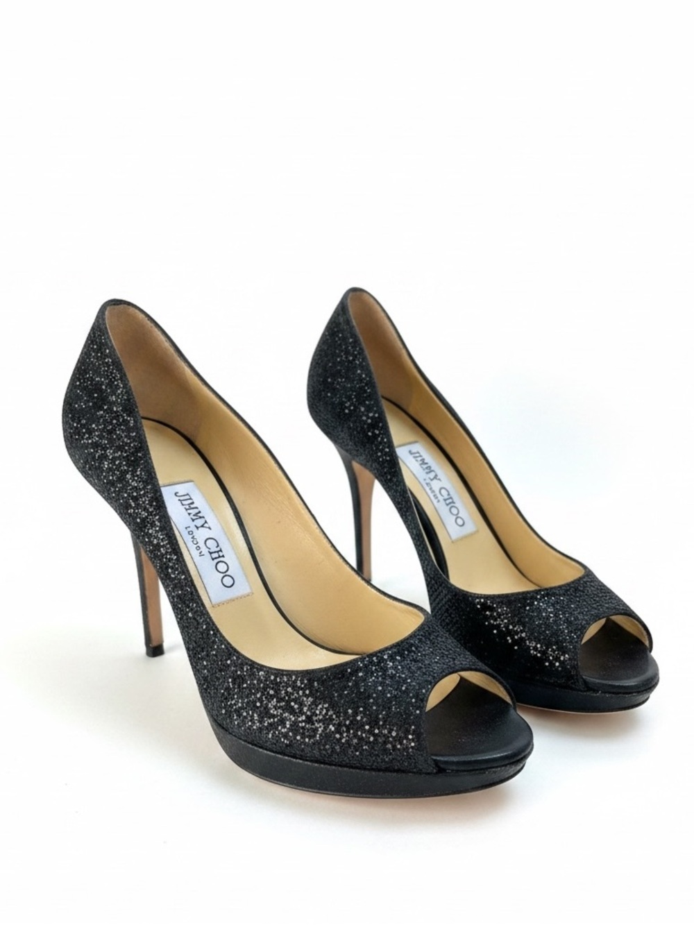 JIMMY CHOO LONDON 247 LUNA Black Glitter Fabric Peep Stiletto Pumps Leather 6.5
